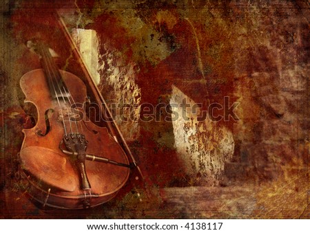 textured  music background with close-up of violin and aged bricks