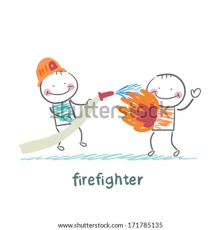 firefighter quenches a burning man