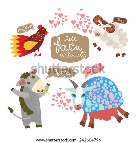 Vector Collection of Cute Cartoon Farm Animals. Horse, rooster, sheep and goat. Vector. Set. Illustration.