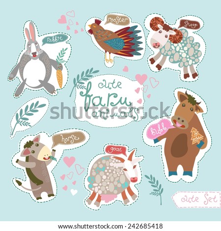 Cute Farm Animals. Horse, rooster, sheep, bull (ox), rabbit and goat. Vector. Set. Illustration.