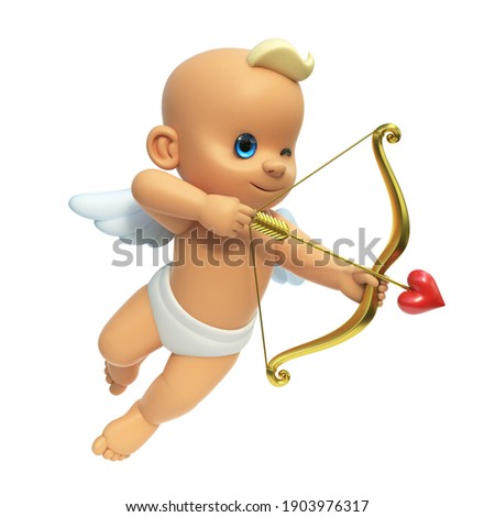 Cupid 3d character, love and Valentine's day symbol. Cupid shooting arrow, angel on white background 3d rendering