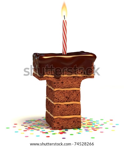 Letter T Shaped Chocolate Birthday Cake With Lit Candle And Confetti ...