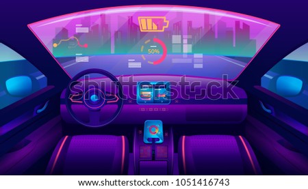 Automobile salon or driverless car interior view. Futuristic self-driving vehicle at road moving towards city. Auto piloted auto with chart and battery, smart car. Drive assistant, autopilot theme