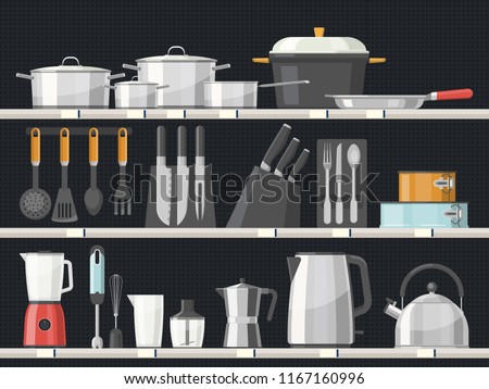 Shelves with kitchen accessory or kitchenware interior with knives and teapot, saucepan and frying pan. Household utensil and cutlery, appliances, crockery.Cooking equipment and food preparation theme