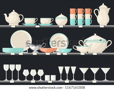 Showcase with glassware dish or shelves at kitchen with food accessory or crockery. Wine glass and cup, teapot and plate at shop or market, store. Kitchenware and utensil, cutlery and meal, food theme