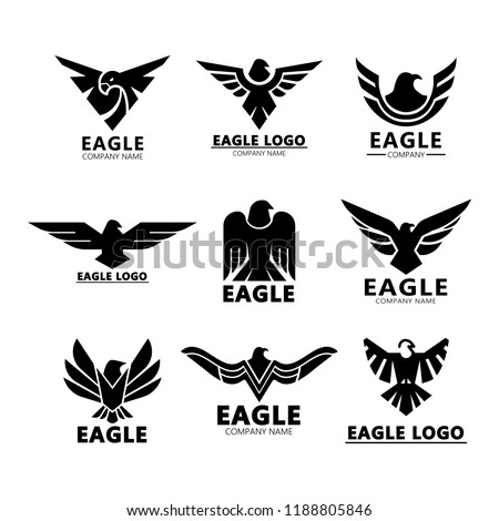 Set of isolated aquila eagles silhouette for company advertising or roman signs for branding, head and wings of hawk or falcon for badge. Gothic royal emblem and company insignia, branding theme