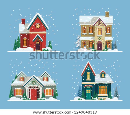 Set of isolated decorated buildings for 2019 new year and christmas. Building with snowman and fir tree at yard, construction facade with lanterns for xmas. Holiday and celebration,winter architecture