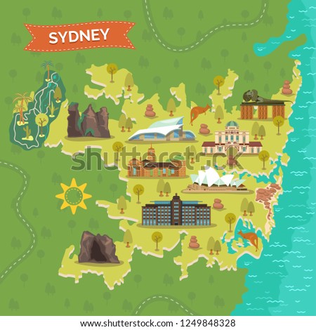 Sydney map with Australian Reptile Park and Opera House, Observatory and Jenolan Caves, Blue Mountains and Bondi Beach, Taronga Zoo and national maritime museum, garden mount annan. Landmark, tourism