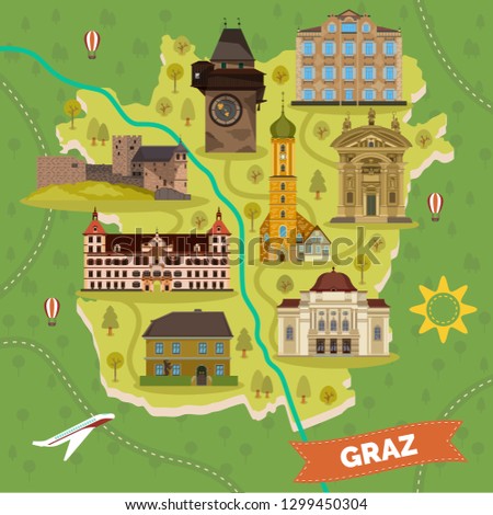 Graz town map with sightseeing landmarks. Arnold Schwarzenegger Museum and opera house, franciscan church and Eggenberg palace, Franz Ferdinand Mausoleum, Gosting castle. Travel and tourism theme