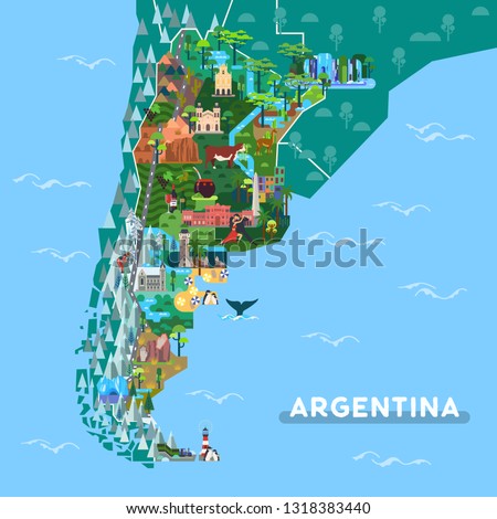 Sightseeing places on Argentina map. Landmarks like Iguazu fall and Obelisk, Ushuaia and Cordoba cathedral, prehistoric rock art and ruins at San Ignacio. Tango dancers, wine. South America theme