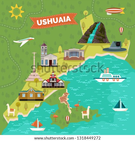 Ushuaia town map with landmark advertising. Argentina sightseeing places like Bridal Veil waterfall, Capsula del Tiempo Philco, Casa Beban, monument Galicia, church, museum del Fin del Mundo