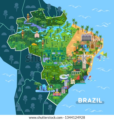 Landmarks on latin america map. Sightseeing of Argentina and Brazil country, city Sao Paulo, Buenos Aires with stadium, Rio de Janeiro with Christ statue.Towns with cathedrals, waterfall, Inca indians