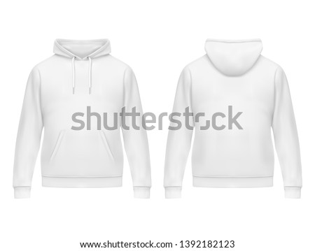 Realistic white hoodie or hoody for man. Men sweatshirt with long sleeves and drawstring, muff or kangaroo pocket. Mockup of male jacket or sweater with hood. Front and back of sport or urban uniform