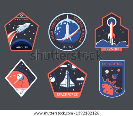 Set of isolated cosmos or universe concept chevron or astronaut patch, galaxy explorer stripe or cosmonaut retro badge. Logo with shuttle and rocket, satellite and solar system. Mars exploration theme