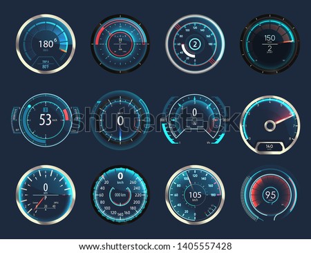 Set of isolated car or moto, truck speedometer. Motorbike or motorcycle, auto or automobile, lorry speed measure gauge. Odograph or odometer. Icon for download progress display, performance indicator
