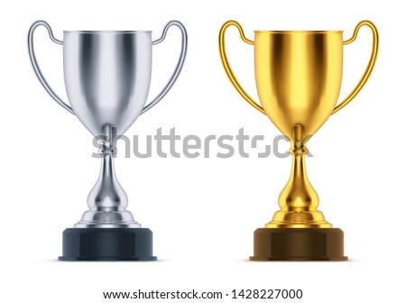 3d golden and realistic silver cup or trophy. Isolated first and second place goblet for sport event or competition celebration. Gold and runner up game price. Icon for tennis, race, soccer award.