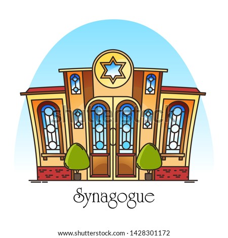 Synagogue building or jewish temple. Town or city religious landscape. Facade or front of jew worship place. Hebrew or judaism construction with David star. Architecture and religion theme. Synagog