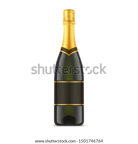 Isolated champagne bottle or glassware container with sparkling wine. French alcohol beverage closeup with empty or clear label. Drink for winner or first place celebration. Restaurant advertising