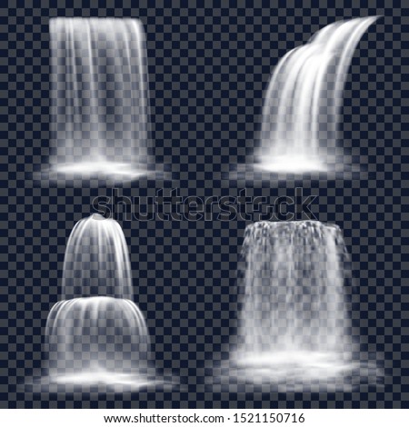 Set of isolated waterfall on transparent background. Falling river water or mountain fall, cascade aqua stream. Nature fluid splash and drop. Realistic hill fountain scene. Nature and flow, landscape