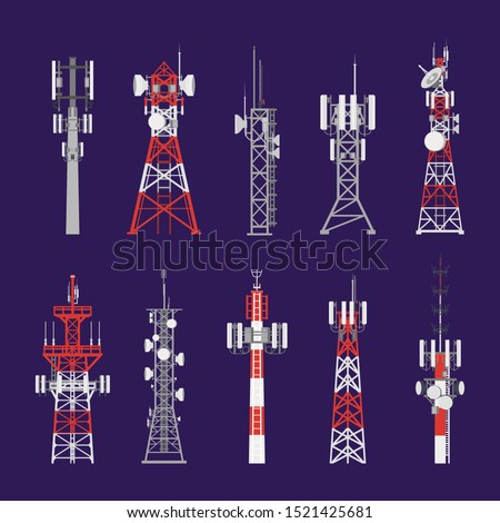 Radio masts and telecommunication towers and satellite signal antenna transmitters, vector icons. Different types of telecom transmitter towers, television and radio waves broadcasting antenna poles
