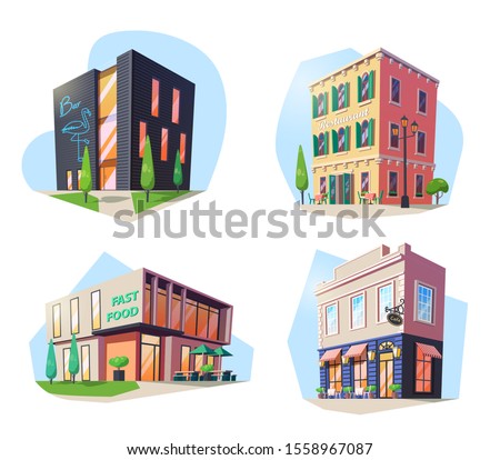 Set of isolated buildings for nutrition. Fast food and bar, restaurant and cafe, bistro and cafeteria, pub and buffet. Alcohol drink and food shop or store. City structure facade outdoor. Architecture