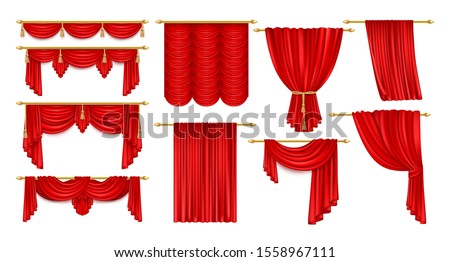 Set of realistic open red curtain with eaves. Velvet theater decoration for stage acting, fabric background for movie or film, contest or signing performance, drape for opera, broadway, orchestra ストックフォト © 