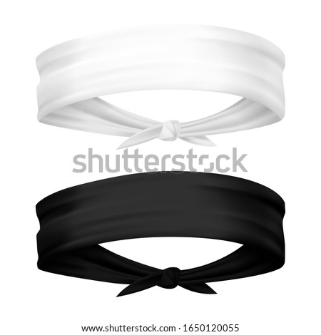 Band for head isolated. Realistic headband for sport. Man and woman blank template of head clothing, kerchief sportswear for bike. Set of isolated 3d blank apparel. Cloth and fashion, sweatband Foto stock © 