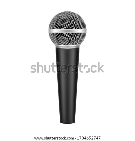 Microphone vector realistic 3D mockup with black grip, modern singer audio equipment. Wireless stage microphone, karaoke, radio and recording studio sound mic model