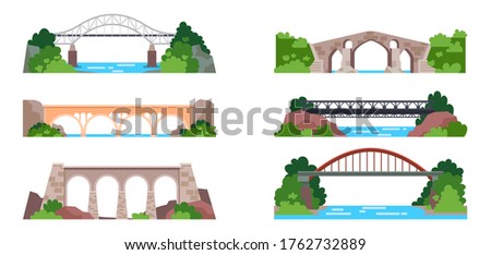 Bridge with railway or arch with highway. Architecture design of road over water. Metal, stone structure with columns. Construction for transportation, viaduct. Cityscape exterior element. Engineering