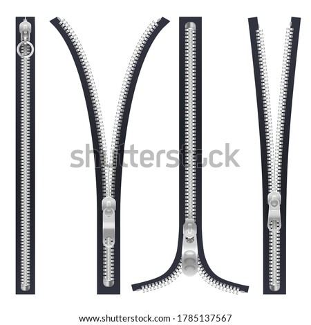 Vector illustration of zipper or set of jacket or clothing zip. V shape opened stitch. Black and white object for unzip or unlocking. Open and close element. Tailor and cloth, unlock theme