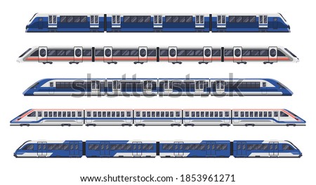 Trains, railway wagons, metro rail and subway transport locomotives, vector flat isolated icons. Passenger travel trains, modern intercity express and fast speed bullet train, MRT urban city transport