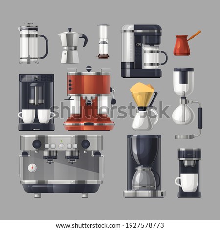 Coffee maker machines, cafe and barista brewing tools, vector flat set. Coffee makers and machines, espresso drip pot, french press and filter kettle, coffee grinder and Turkish cezve for cappuccino