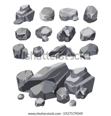 Rock stones, boulder piles and broken rubble, vector isolated set. Rock stones or wall building and construction debris, flat cartoon illustration, gray gravels of concrete or granite rock blocks