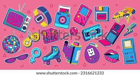 Retro set of icons of 90s. Pop art sticker collection for 1990 born baby. Badge for hipsters with disco ball and sunglasses, boombox and roller, cassette. Vintage isolated element. Old cartoon design