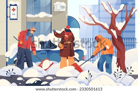 Vector illustration of people cleaning snow. Cartoon flat characters at snowfall clean at street with shovel. Wintertime work at yard or road with spade. Winter snowy scene at snowy weather. Outdoor