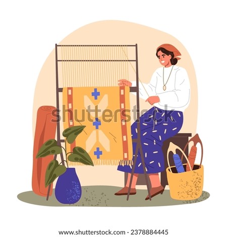 Vector image of woman doing carpet production. Illustration of female near rug. Rugmaker manufacturing persian and turkey yarn. Weaver at loom. Character and textile machine. Decoration craft theme