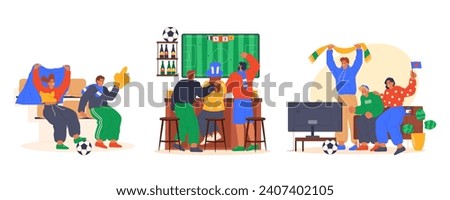 Set of isolated vector image of soccer fan cheering. Company watch football at pub or bar, home with tv or outdoor at stadium. Goal celebration and company cheer for team or club. Sport ball game