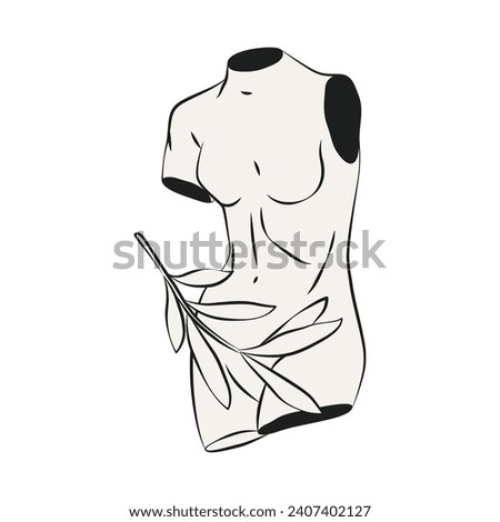 Venus torso vector illustration. Isolated greek classical woman body sculpture. Greece female monument fragment. Classical european statue with olive branch. Renaissance art and history theme