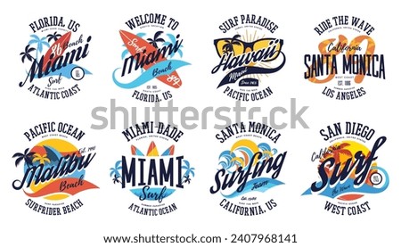 Set of isolated labels for ocean beach surf. Badge or logo for Miami,Santa Monica, Hawaii summer advertising. Surfer print for t-shirt. Emblem with surf board for vacation travel. American branding