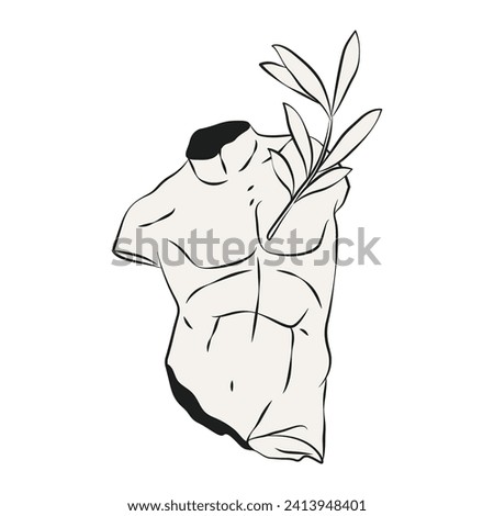 Vector image of greek statue torso. Man body in antique or ancient style. Sliced sculpture from greece. Stone or marble fragment of classical monument. History and isolated art design. Olive branch