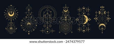 Set of space and mystic sign. Vector night symbols with sun, crescent, moon and planet. Line tarot or occult cards. Universe or cosmos print or galaxy tattoo. Celestial and esoteric badge. Astrology