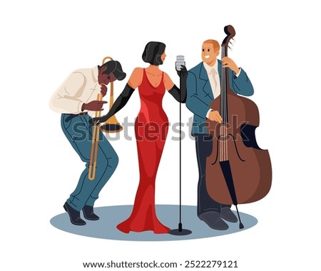 Jazz band or musician trio. Vector musical group at live performance. Ensemble with singer or vocalist, saxman entertainer and double bass performer. Saxophone or sax. Live artist concert or recital