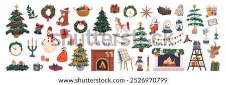 Set of home decor items for winter holidays. Vector stickers or clip arts. New year and Christmas home decorations. Traditional festive elements or cozy interior objects for house. Fir tree and toys.