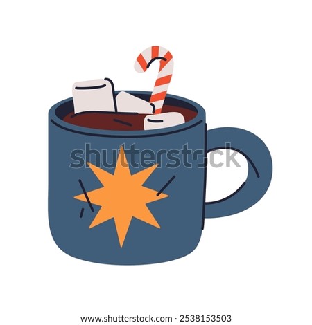 Cup of hot chocolate icon isolated on background. Vector sticker or clip art. Creamy homemade hot cocoa. Sweet dessert or drink with marshmallow and candy cane. Homemade Christmas goodies.