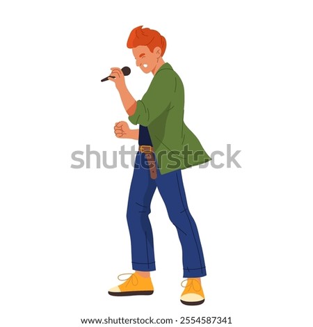 Solo man singer or karaoke performer. Vector artist with microphone or soloist with mic. Pop or rock entertainment show. Live sound and music for audience.Entertainer studio recording.Musician concert