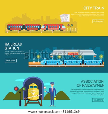 Railway design concept set with train station steward railroad passenger flat icons isolated vector illustration banners