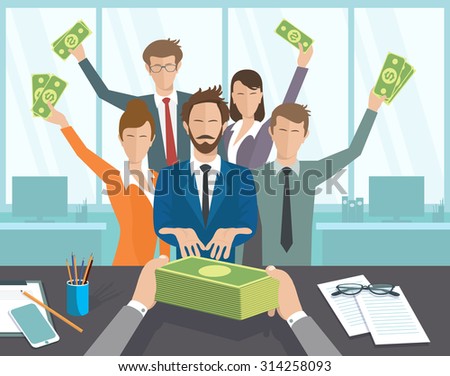 Vector illustration, boss issues, groups of people pay. The office manager or workers receive a monthly salary.