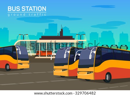 Bus station, vector flat background illustration