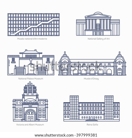 Monuments thin line vector icons. National Gallery of Art, National Palace Museum, Orsay, Victoria and Albert Museum, Sofia. Famous world museums.