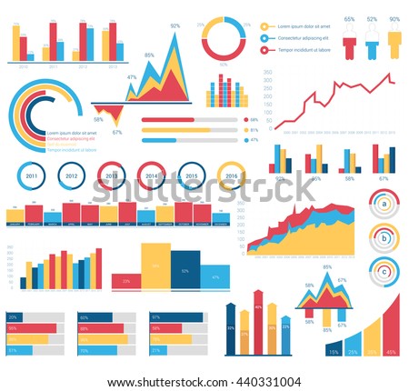 Set for infographics various design elements with bar or circle, area filling or pie, linear charts and step diagram for statistic document or report. Visualization poster template for analytics